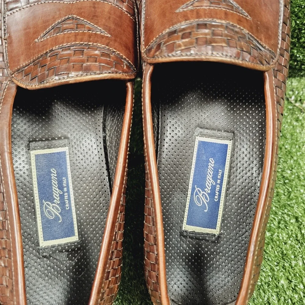 Bragano‎ Brown Leather Slip On Woven Penny Loafer Dress Shoes Mens Size 10 M